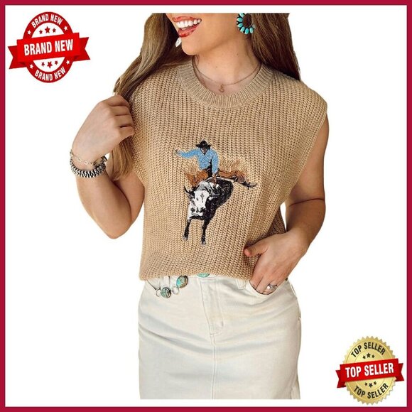 Tops - Western Cowboy Embroidered Ribbed Sweater Vest Crew Neck Sleeveless